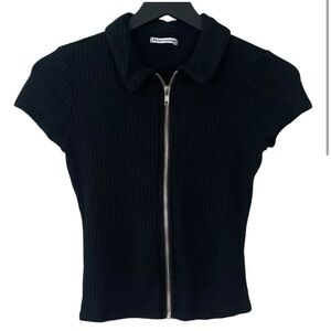 Reformation Zak Ribbed Polo Top in Black Size S